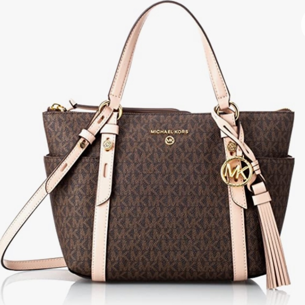 NWT Sign. Logo Small Zip Top Tote Bag, Color: Brown & Tan